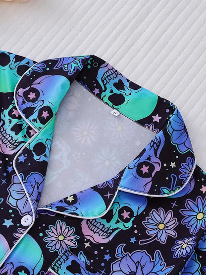 Our Neon Skull & Floral Pajama Set  Print Women's Outerwear Autumn and Winter Pajama Set