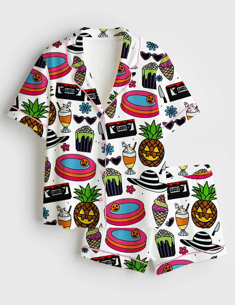 Men’s Summerween Halloween Ghost Slasher Scary Spooky Pool Summer Holiday Print Short Sleeve Satin Pajama Set