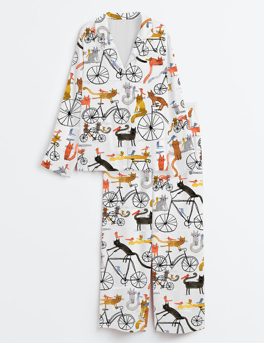 Women’s Cat Birds Cycling Bicycle Bike Drawing Cute Animals Long Sleeve Satin Pajama Set