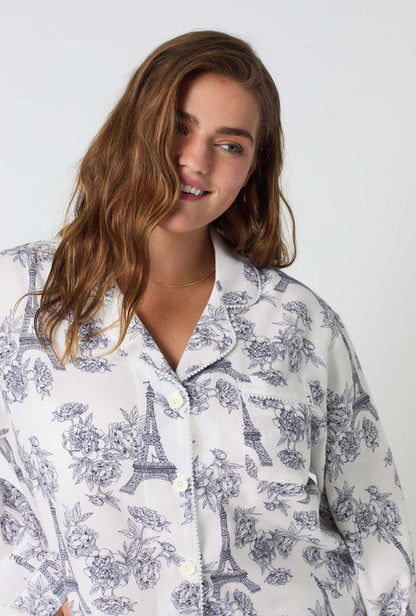 La Belle Eiffel Long Sleeve Classic Shorty Woven Portuguese Flannel PJ Set