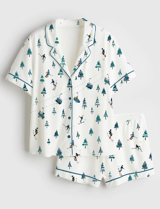 Women's Après Ski Mountains Short Sleeve Satin Pajama Set