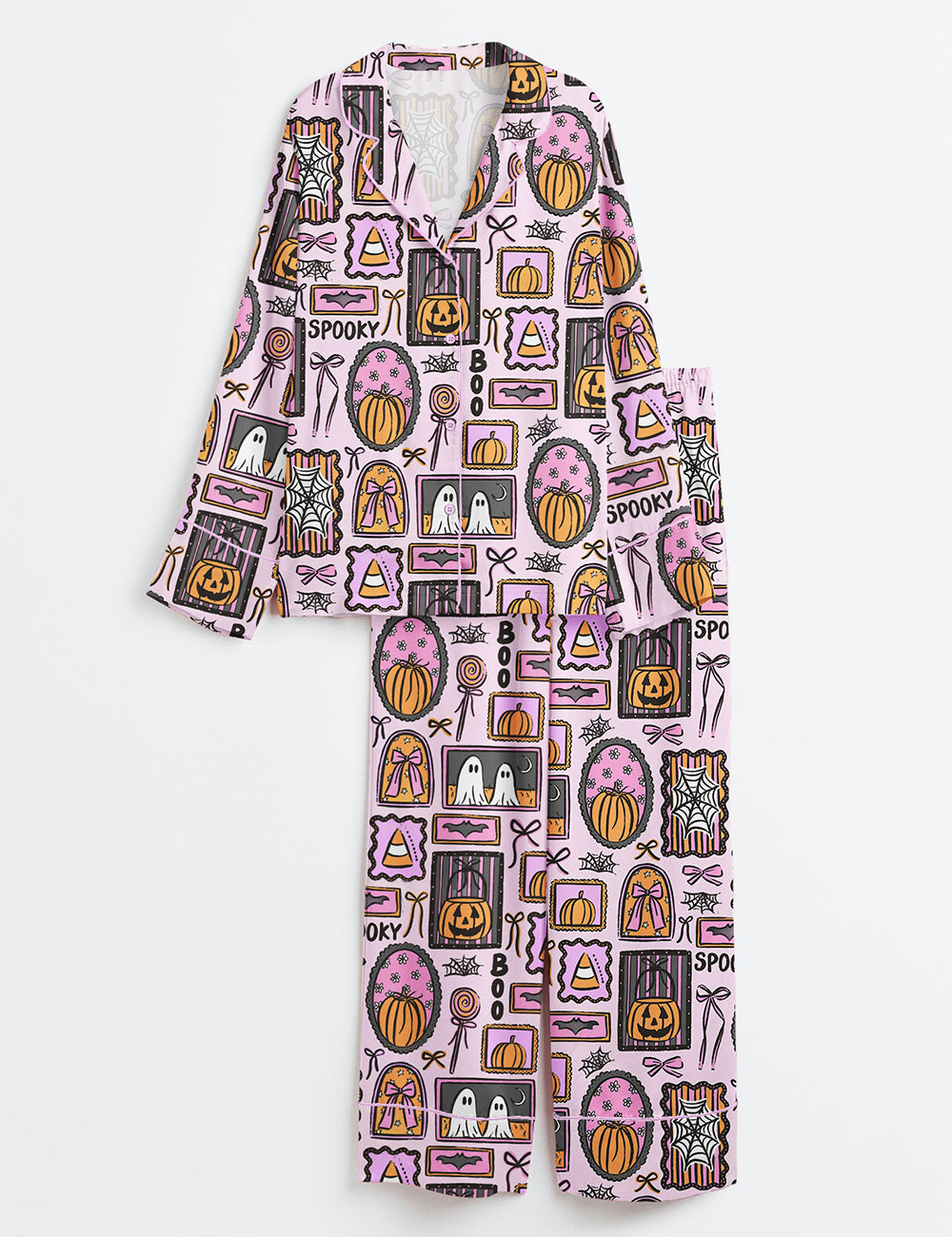 Women’s Trendy Spooky Frames Halloween Pumpkin Ghost Girly Spooky Patchwork Print Long Sleeve Satin Pajama Set