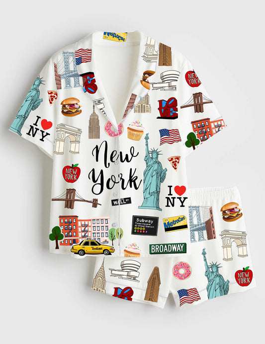 Women’s New York Travel GoodNotes Independence Day Short Sleeve Satin Pajama Set