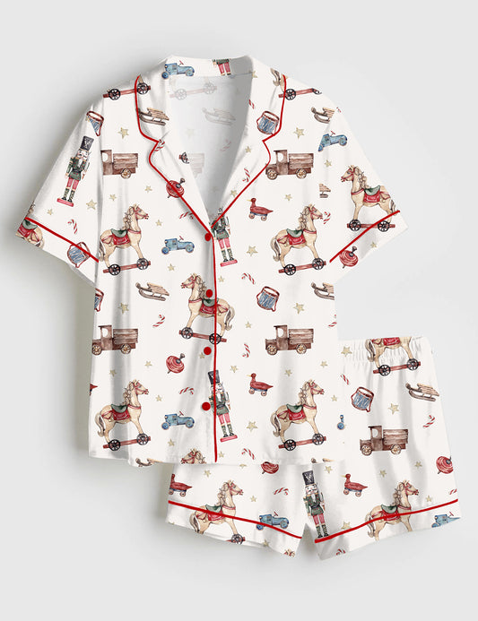 Women’s Watercolor Vintage Christmas Toys Winter Holiday Christmas Nutcracker Print Short Sleeve Satin Pajama Set