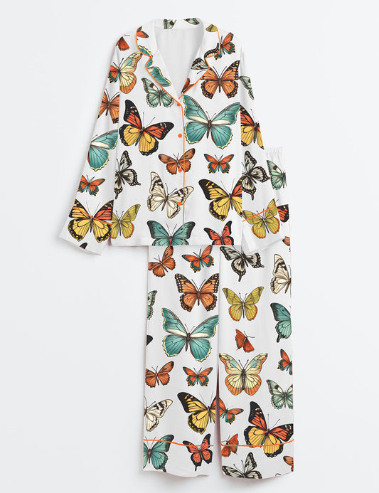 Women's Colorful Spring Butterflies Long Sleeve Satin Pajama Set