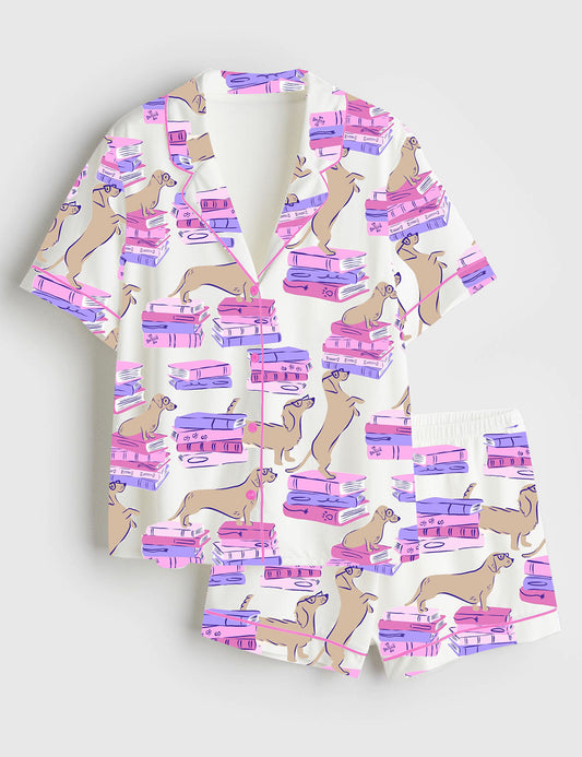 Women’s Dachshund Wieners Book Dogs Short Sleeve Satin Pajama Set
