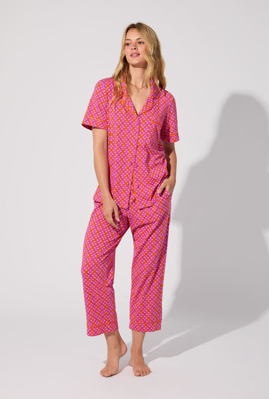 BedHead X Trina Turk Chain Geo Short Sleeve Classic Stretch Jersey Cropped PJ Set