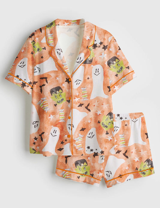 Women’s Starry Ghost Spooky Halloween Cute Ghost Aesthetics Pastel Halloween Print Short Sleeve Satin Pajama Set