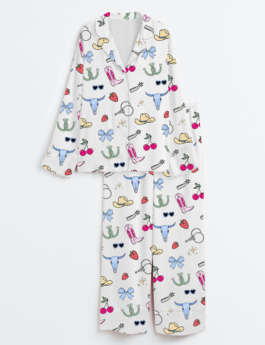 Women’s Wild West Sassy Cowgirl Boots Coquette Cowgirl Western Country Music Long Sleeve Satin Pajama Set