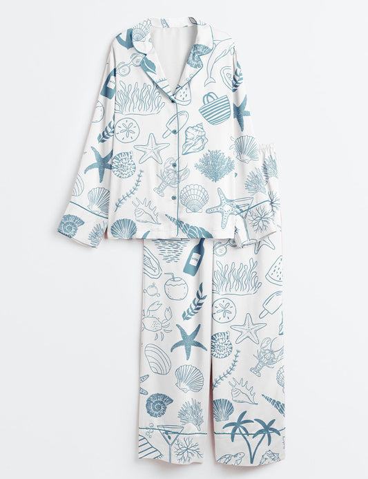 Women’s Coastal Hand Drawn Beach Ocean Elements Summer Nautical Print Long Sleeve Satin Pajama Set