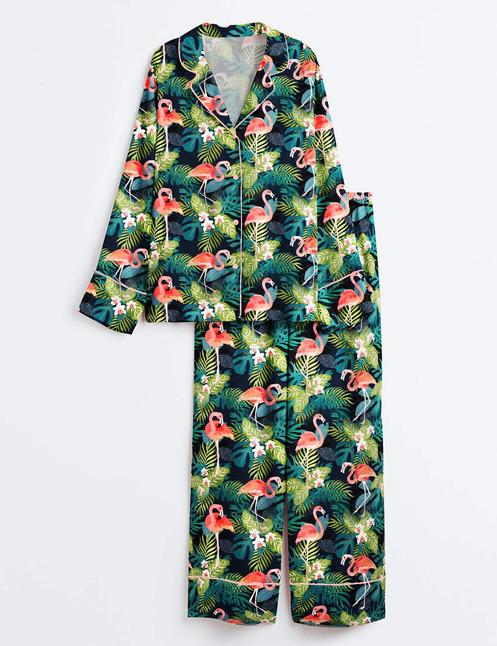 Women’s Flamingo Tropics Summer Beach Plant Long Sleeve Satin Pajama Set