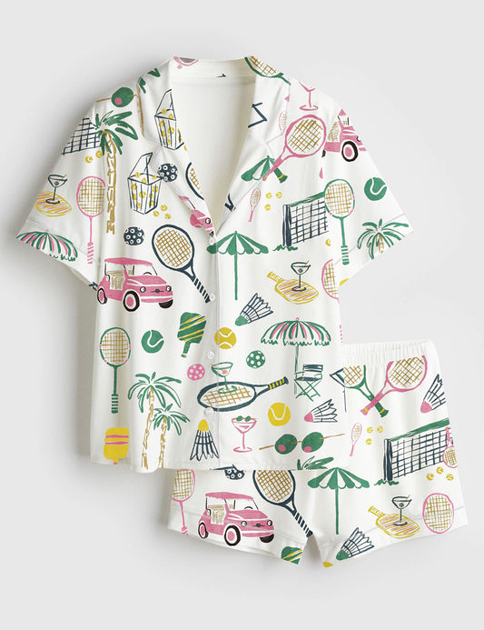 Women’s Hand Drawn Watercolor Tennis Bachelorette Party Country Club Tennis Pickleball Aesthetic Print Short Sleeve Satin Pajama Set