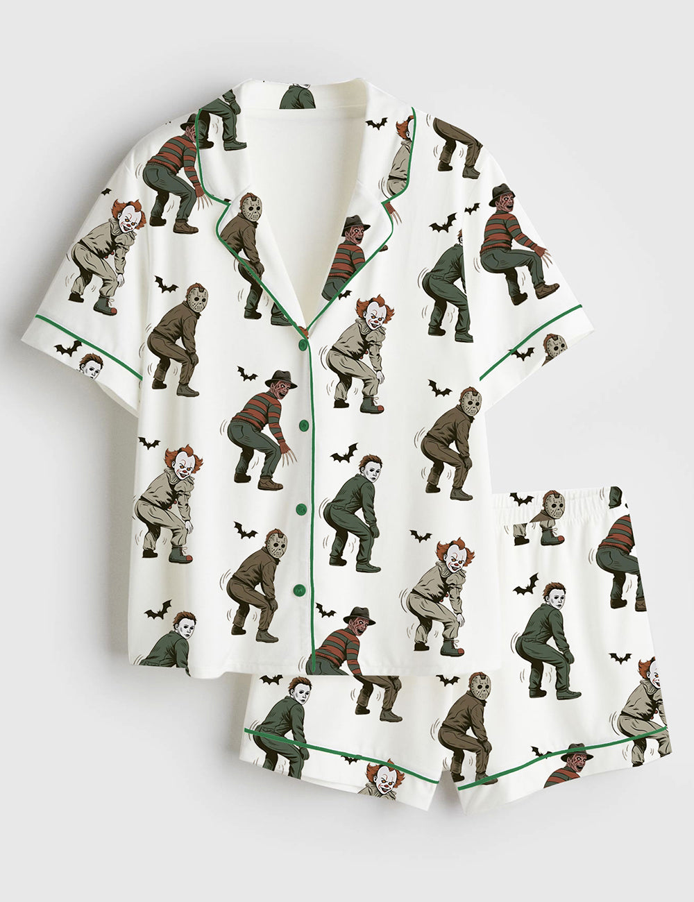 Women’s Halloween Twerk Or Treat Horror Characters Dancing Killer Short Sleeve Satin Pajama Set