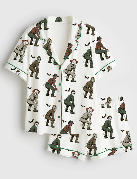 Women’s Halloween Twerk Or Treat Horror Characters Dancing Killer Short Sleeve Satin Pajama Set