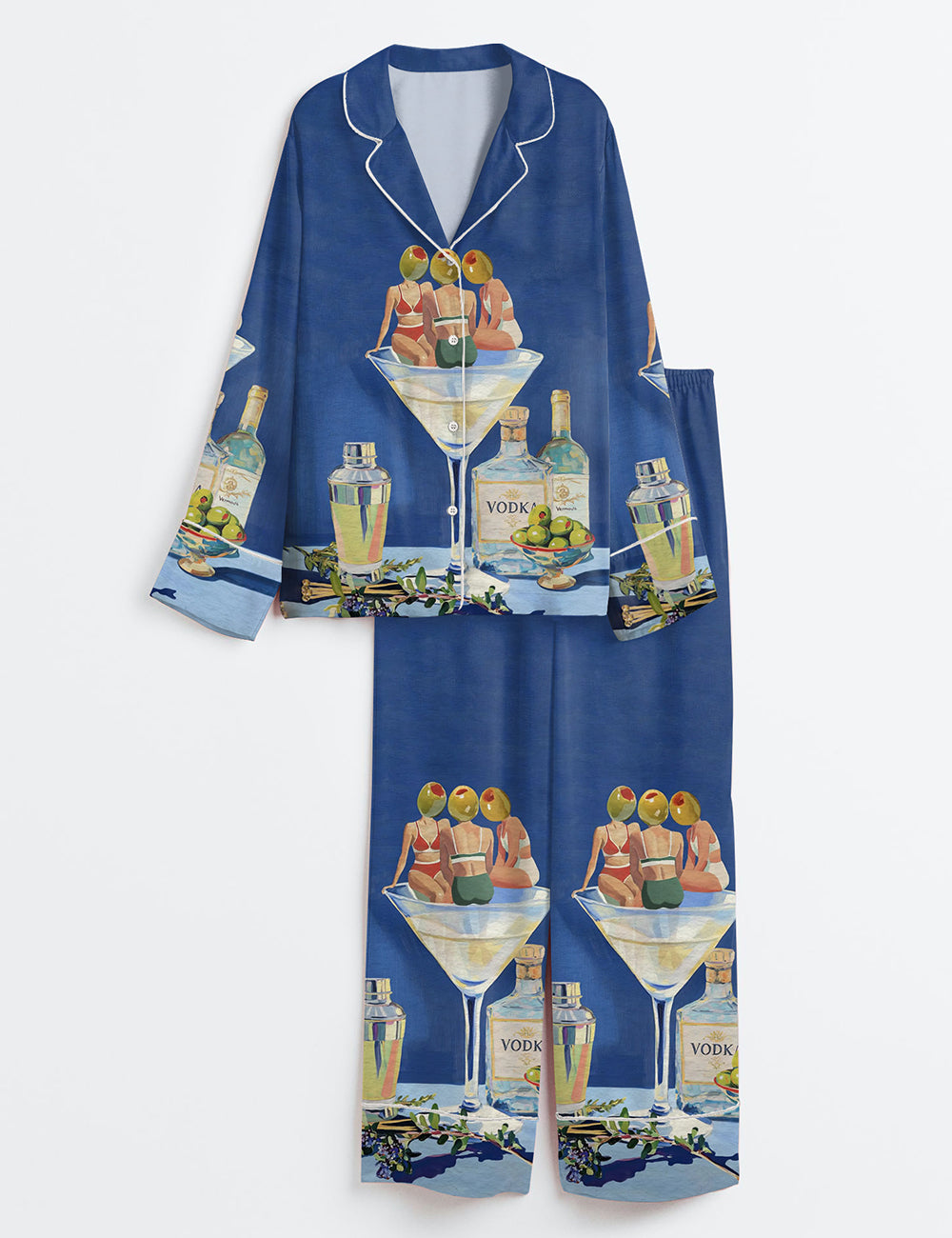 Women’s Vintage Dirty Martini Bar Retro Cocktail Print Long Sleeve Satin Pajama Set