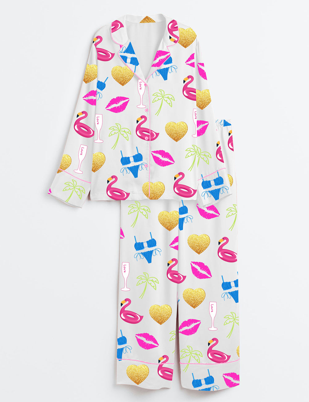 Women’s Island Pool Party Bachelorette Tropical Poolside Palm Trees Champagne Flutes Bikinis And Flamingos Print Long Sleeve Satin Pajama Set