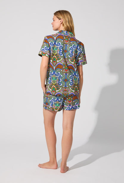 BedHead X Trina Turk Paisley Short Sleeve Classic Shorty Woven Cotton Poplin PJ Set