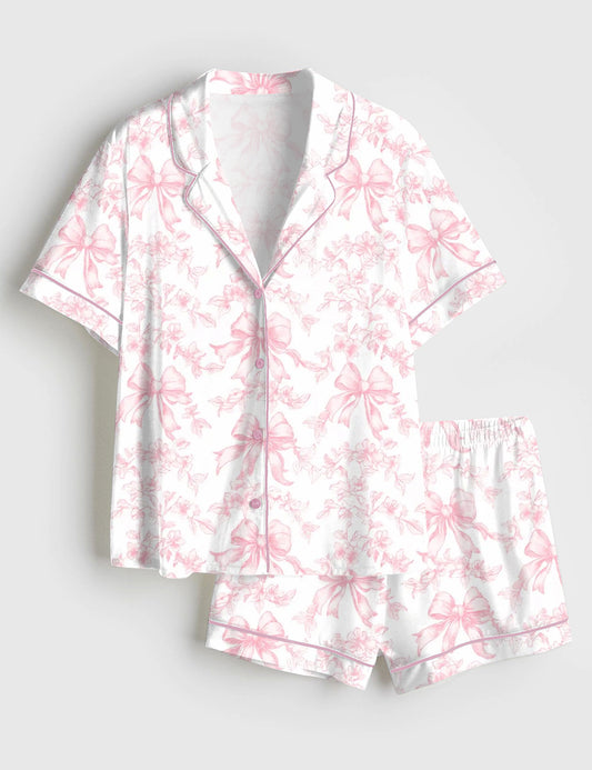 Women’s Vintage Pink Toile Coquette Floral Short Sleeve Satin Pajama Set