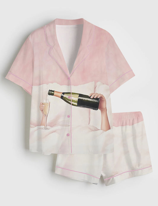 Women’s Pastel Pink Champagne In Bed Coquette Bar Cart Art Short Sleeve Satin Pajama Set
