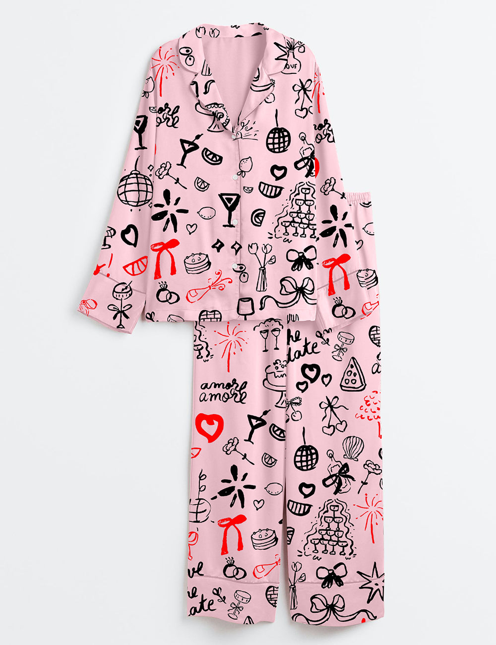 Women’s Bachelorette Hand Drawn Wedding Icons Great Bridal Long Sleeve Satin Pajama Set