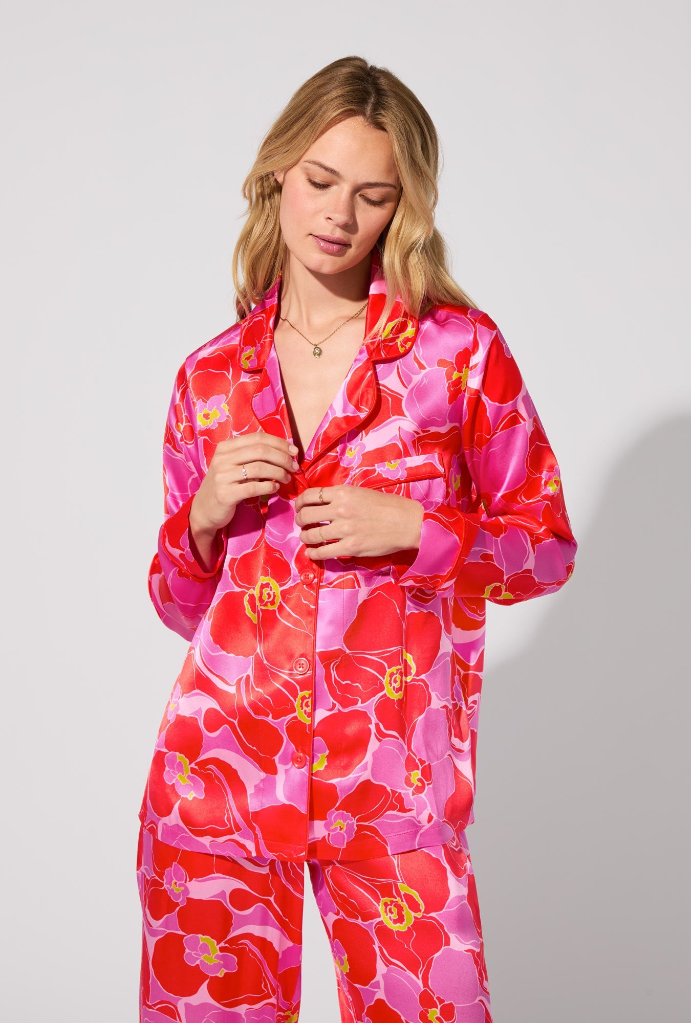 BedHead X Trina Turk Winter Orchids Long Sleeve Classic Washable Silk PJ Set