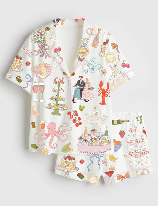 Women’s Whimsical Hand Drawn Watercolor Wedding Dolce Vita Summer Print Short Sleeve Satin Pajama Set