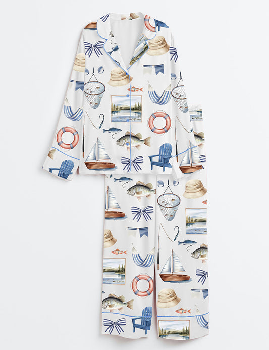 Women’s Lake Life Coastal Vacation Summer Vibes Long Sleeve Satin Pajama Set