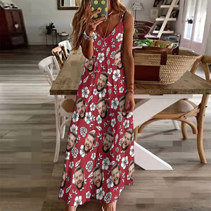 Custom Face Sling Hawaiian Style Red Long Dress White Flowers Design