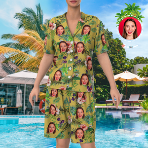 Custom Face On Pajamas Set, Short Sleeve Sleepwear, Button-Down Nightwear - Yellow