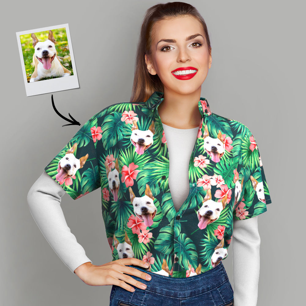 Custom Tropical Shirts Custom Pet Face Hawaiian Shirt Leaves & Flowers Shirt