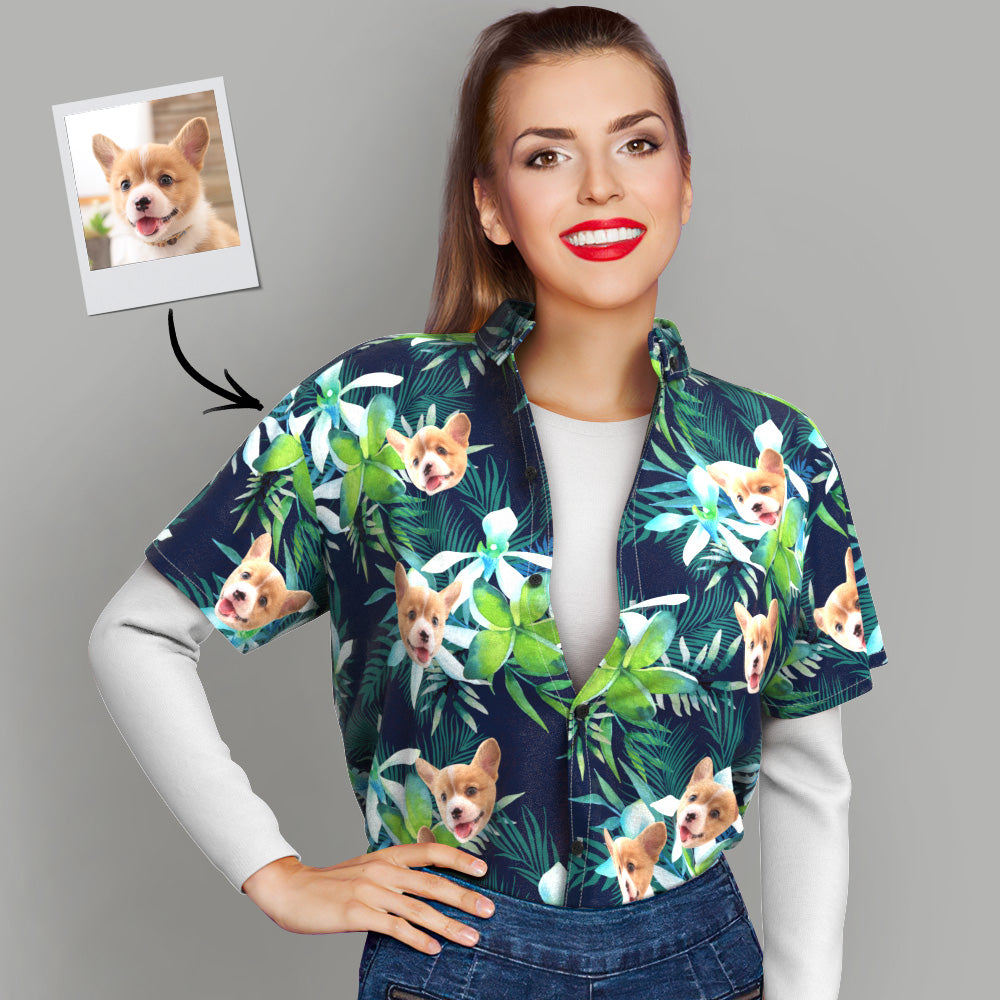 Custom Hawaiian Shirt with Face Custom Dog Face Hawaiian Shirt Leaves Tropical Shirts