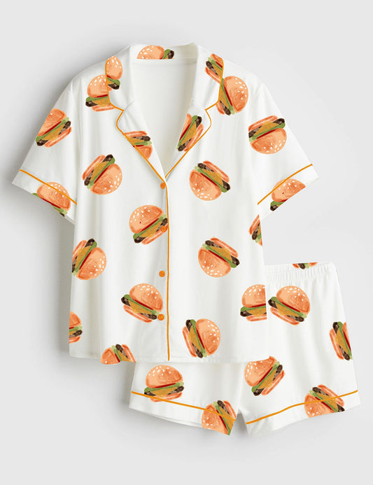 Women’s Fast Food Hamburger Short Sleeve Satin Pajama Set