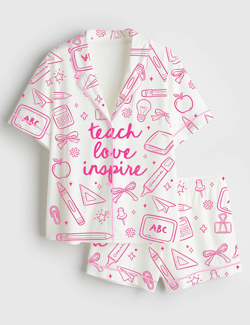 Women’s Teacher Doodle Teach Love Inspire Short Sleeve Satin Pajama Set