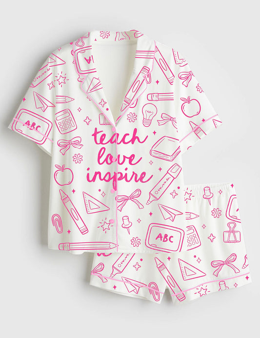 Women’s Teacher Doodle Teach Love Inspire Short Sleeve Satin Pajama Set
