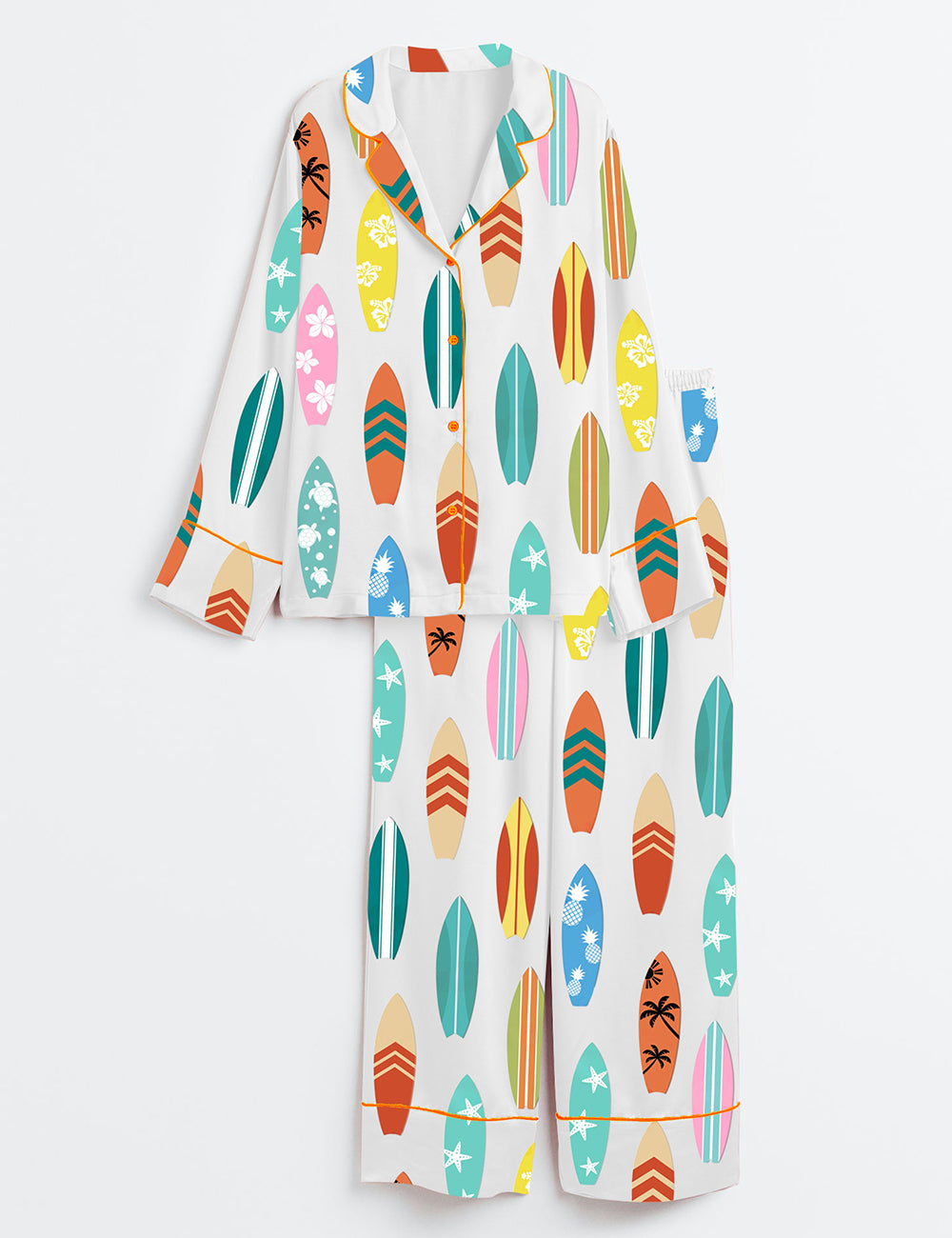 Women’s Surfboard Beach Wave Hawaii Surf Summer Beach Life Print Long Sleeve Satin Pajama Set