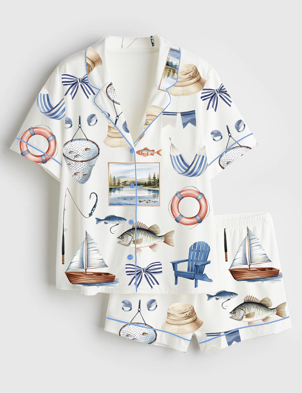 Women’s Lake Life Coastal Vacation Summer Vibes Short Sleeve Satin Pajama Set