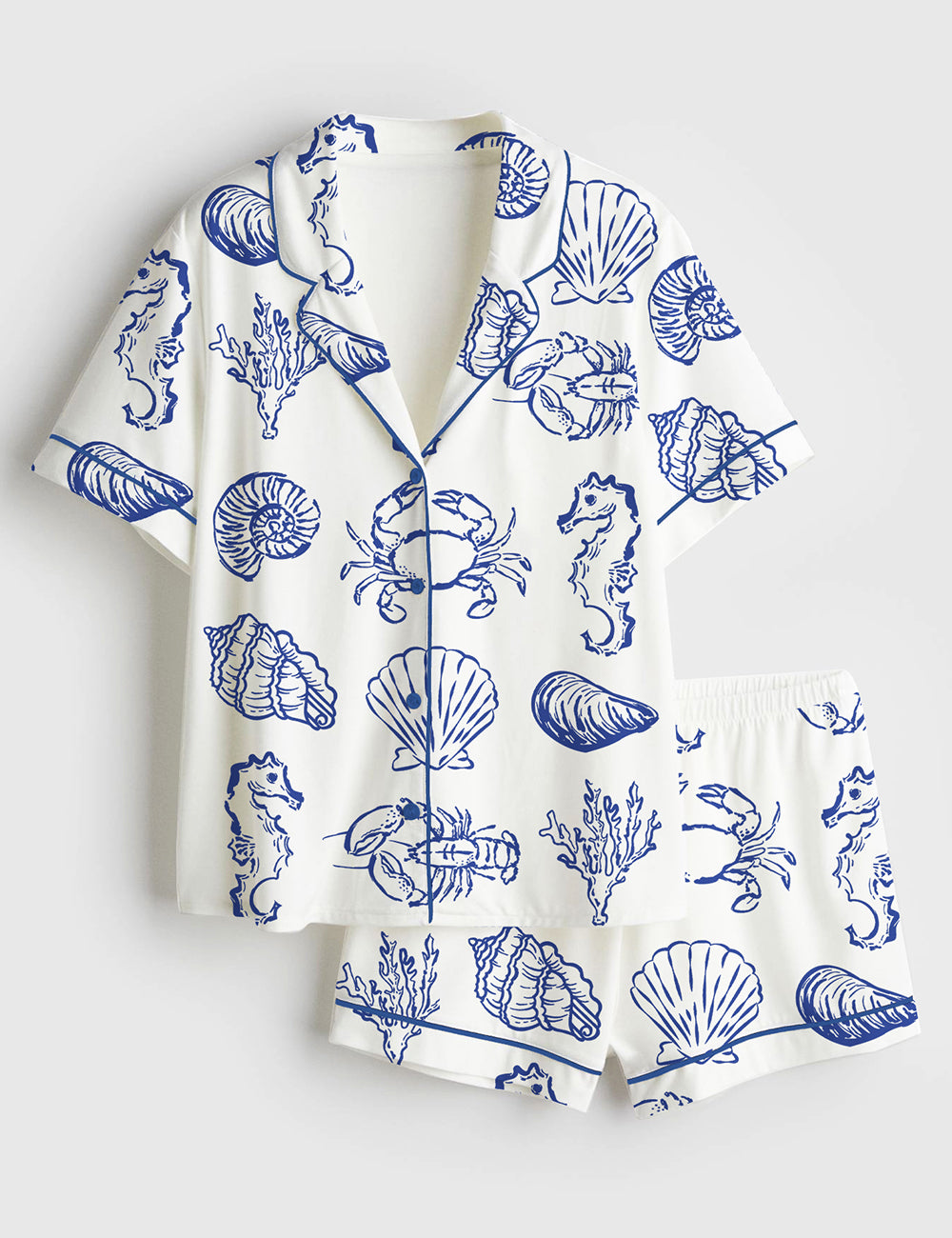 Women’s Summer Seashell Blue Coastal Summer Beach Crab Seahorse Print Short Sleeve Satin Pajama Set