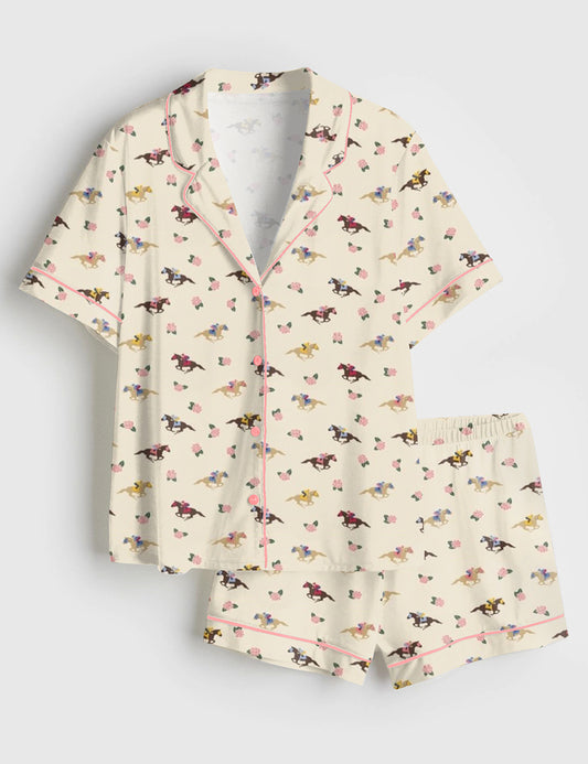 Women’s Western Kentucky Derby Party Talk Derby to Me Racing Horses Print Short Sleeve Satin Pajama Set