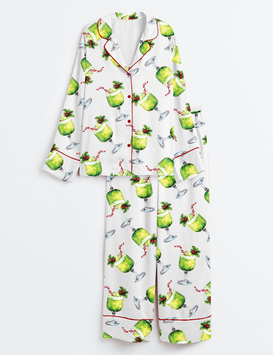 Women’s Grinch Punch Watercolor Christmas Cocktails Holiday Drinks Long Sleeve Satin Pajama Set