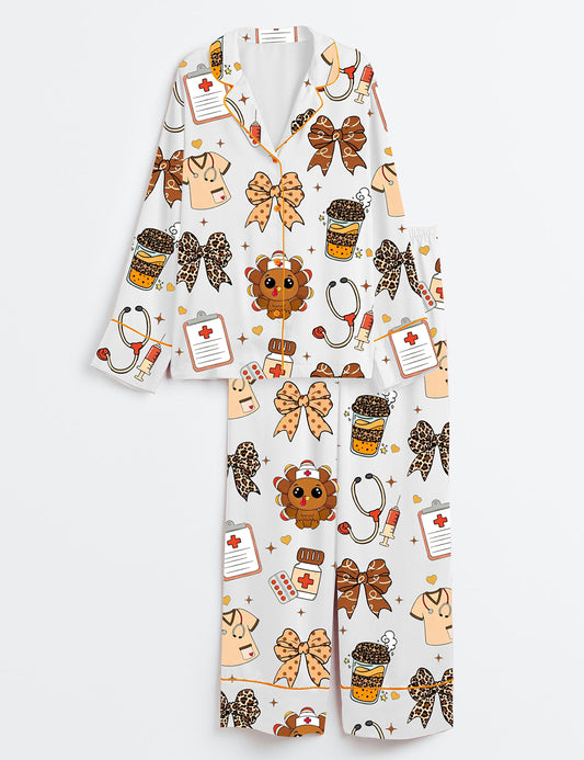 Women’s Nurse Thanksgiving Nurse Fall Autumn Long Sleeve Satin Pajama Set