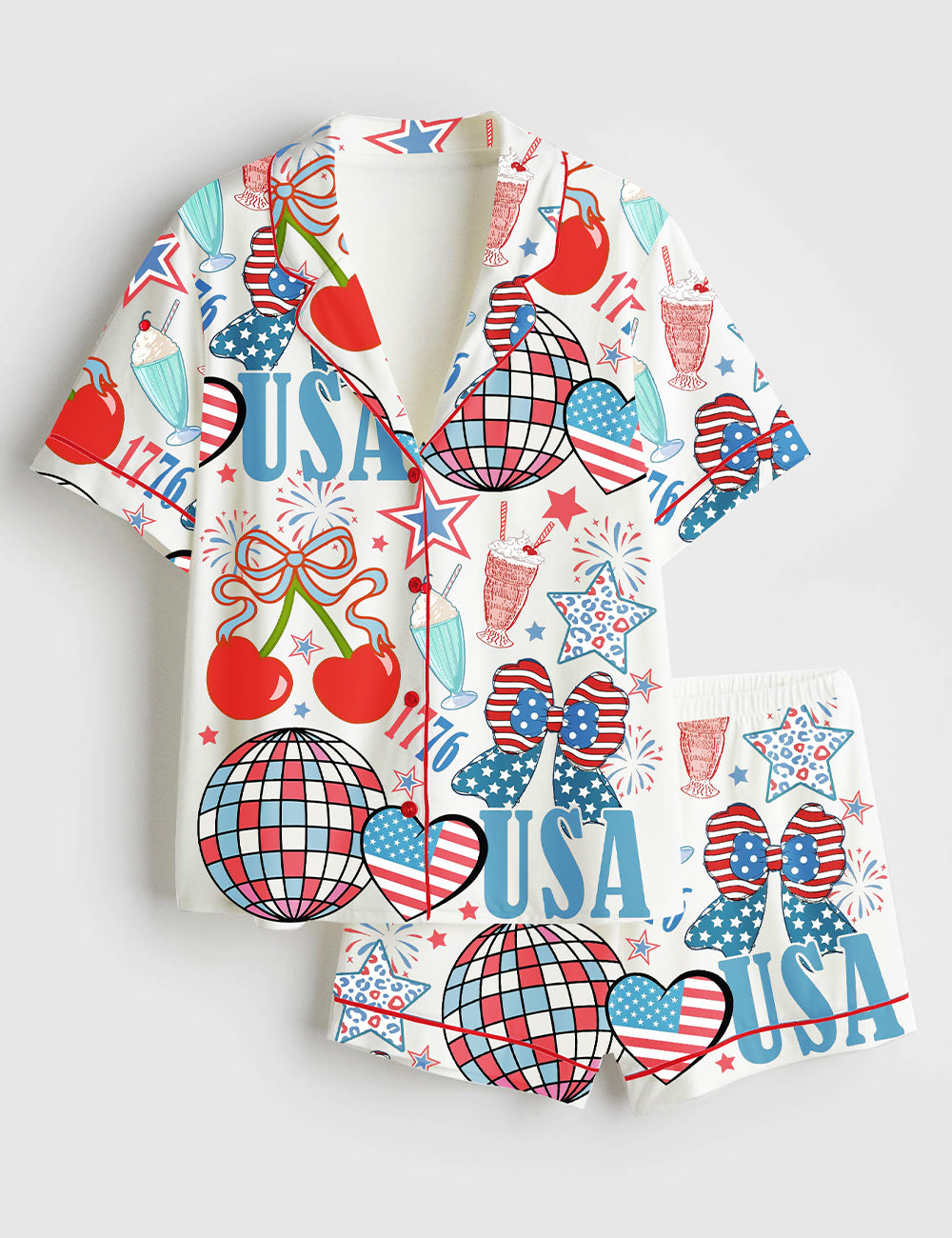 Women’s 4th Of July 1776 Patriotic Cherry Bow America Coquette Wine Short Sleeve Satin Pajama Set