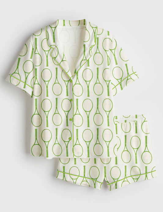 Women’s Tennis Time Tennis Lover Tennis Player Game Day Print Short Sleeve Satin Pajama Set