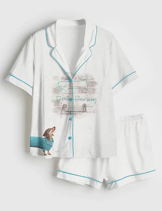 Women’s Dog Parking Dachshund Cute Dog Short Sleeve Satin Pajama Set