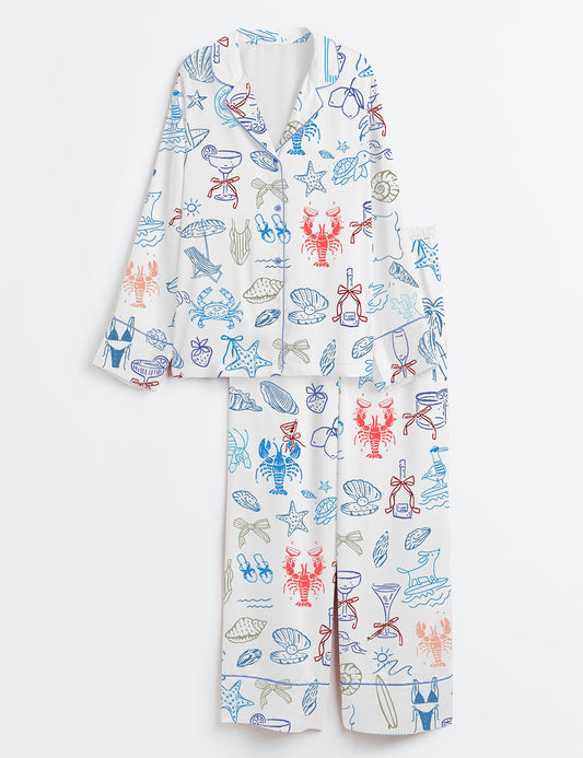 Women’s Summer Beach Coastal Ocean Nautical Seaside Bachelorette Party Cocktail Print Long Sleeve Satin Pajama Set
