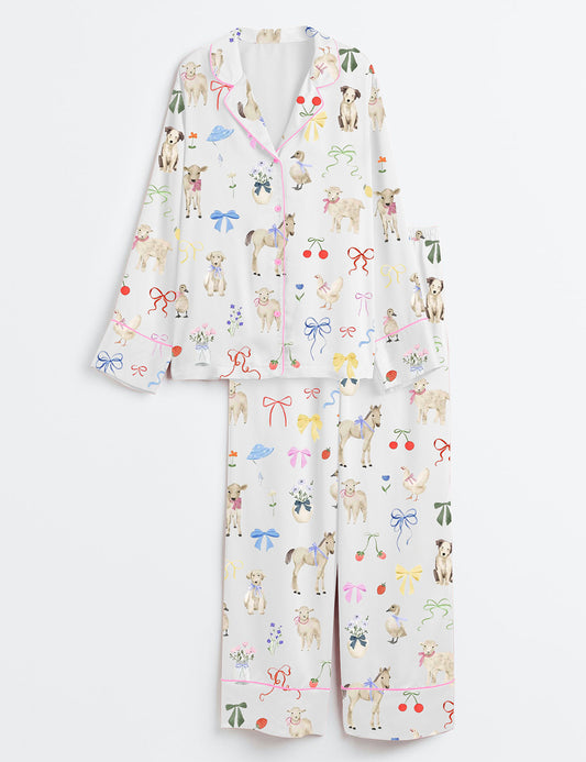 Women’s Watercolor Bow Cottagecore Whimsical Wedding Ducks Florals Cherries Lemons Lace Print Long Sleeve Satin Pajama Set