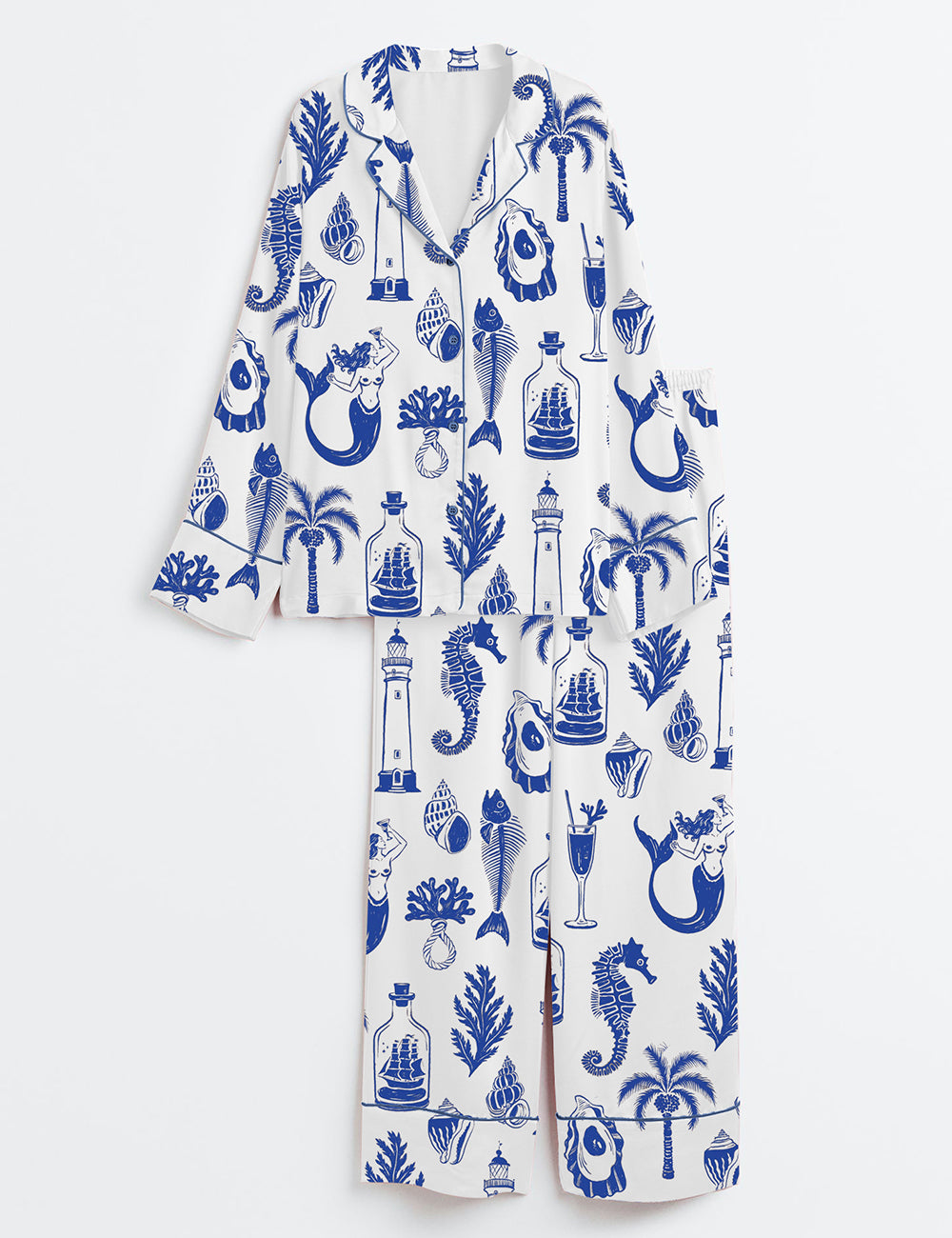 Women’s Seaside Shells Critters And Summer Magic Long Sleeve Satin Pajama Set