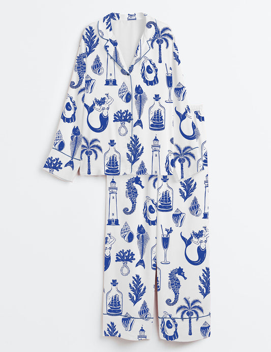 Women’s Seaside Shells Critters And Summer Magic Long Sleeve Satin Pajama Set