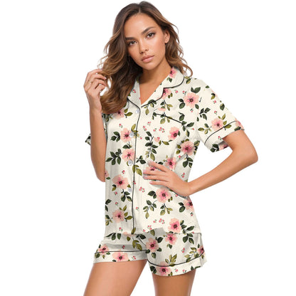 JULMCOMO Pj Sets for Woman Comfy Satin Silk Short Sleeve Sleepwear Button Up Lounge Sets Cute floral print 2 Piece Pjs Shorts Set Blue 2XL