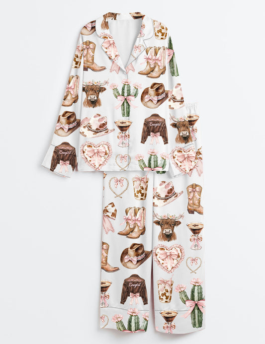 Women’s Coquette Cowgirl Boots Coquette Western Howdy Highland Cow Pink Cowgirl Cactus Long Sleeve Satin Pajama Set