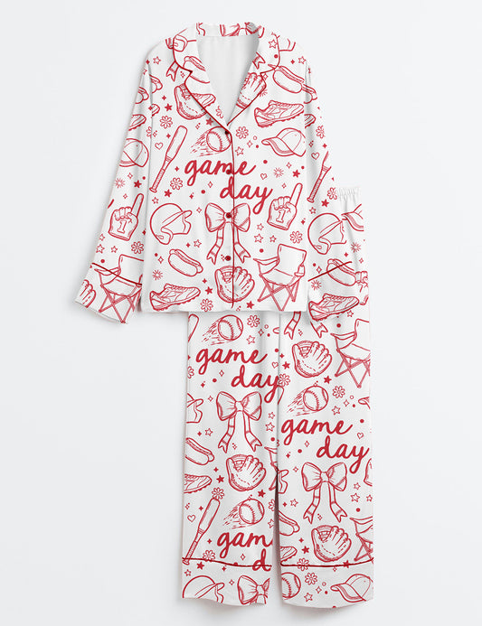 Women’s Baseball Game Day Coquette Hand Drawn Doodle Print Long Sleeve Satin Pajama Set